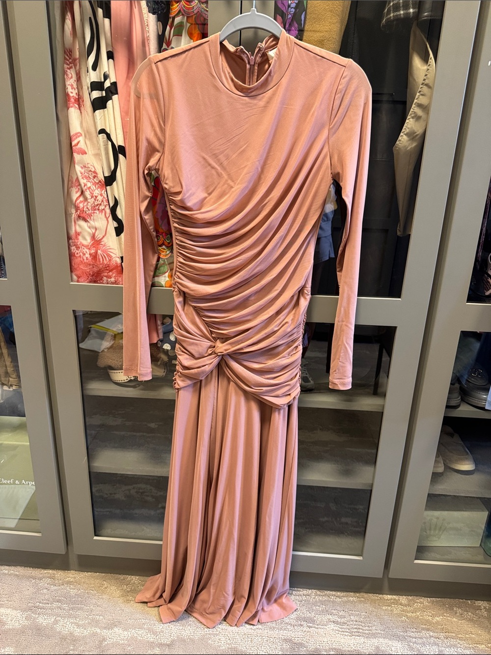 Wayf Dusty Rose Long Sleeve Ruched Maxi Dress